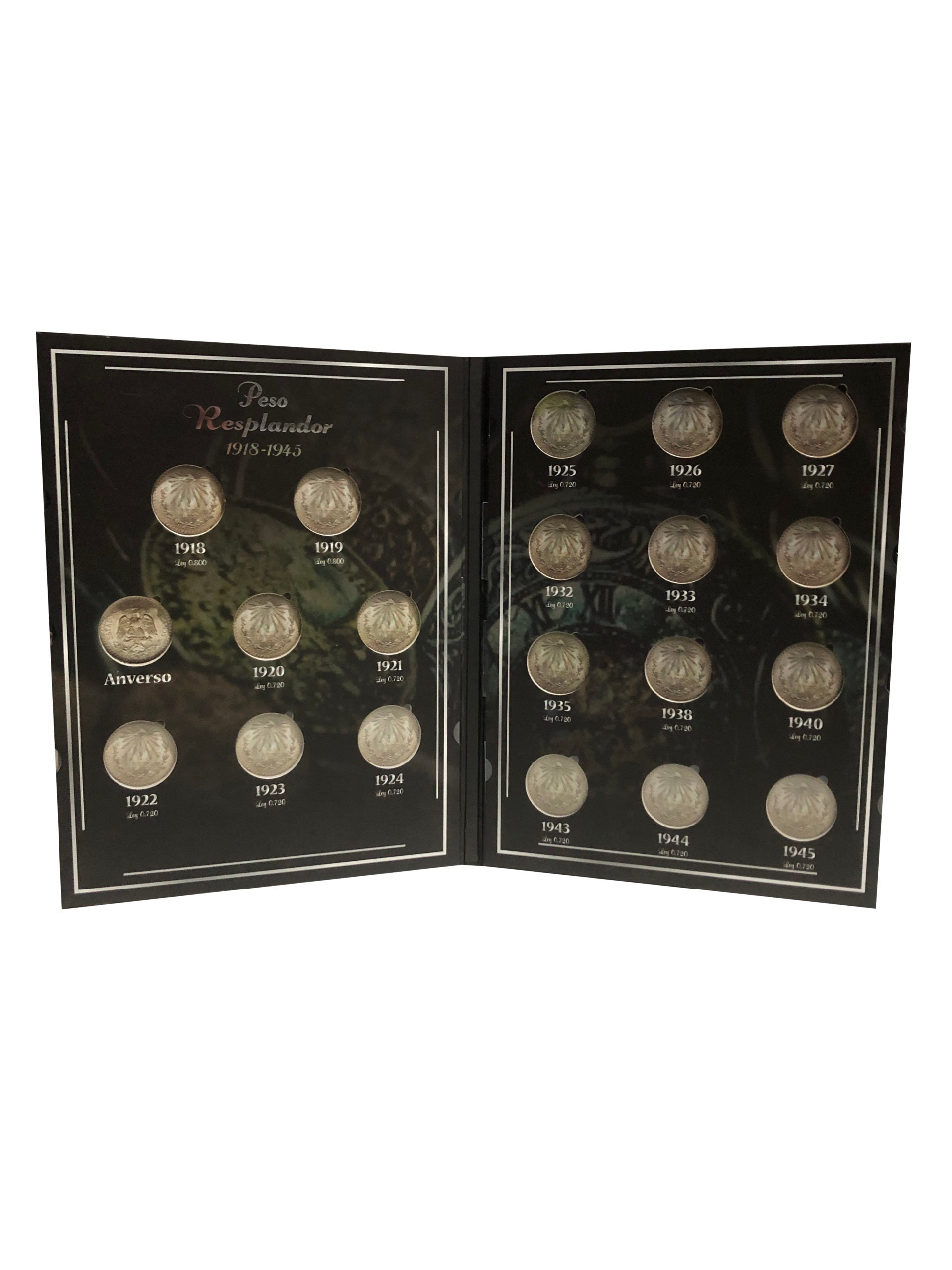 Álbum para colección de monedas mexicanas de $1 peso plata ley 0.720 y 0.800 Resplandor (1918-1945), con espacios protegidos para 20 monedas y diseño premium. Álbum para colección de monedas mexicanas de $1 peso plata ley 0.720 y 0.800 Resplandor (1918-1945), con espacios protegidos para 20 monedas y diseño premium.